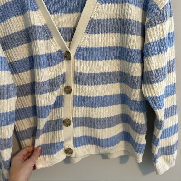Talbots Blue White Striped Cardigan Sweater Medium - Picture 14 of 15